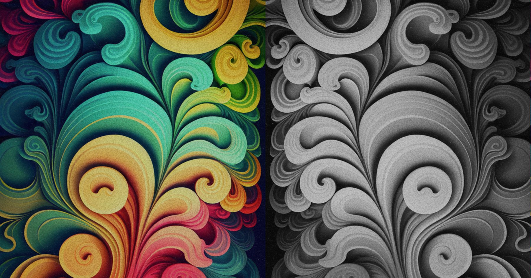 A patterned background, half in vibrant colors and half in grey scale, split down the middle.