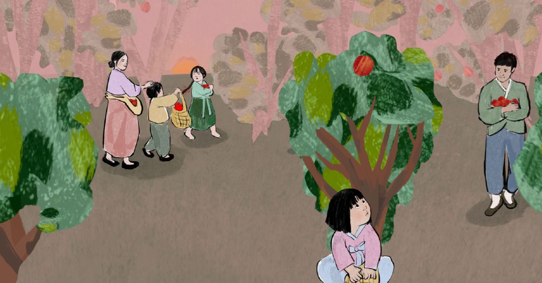 young Korean girl sitting under an apple tree surrounded by her family harvesting apples
