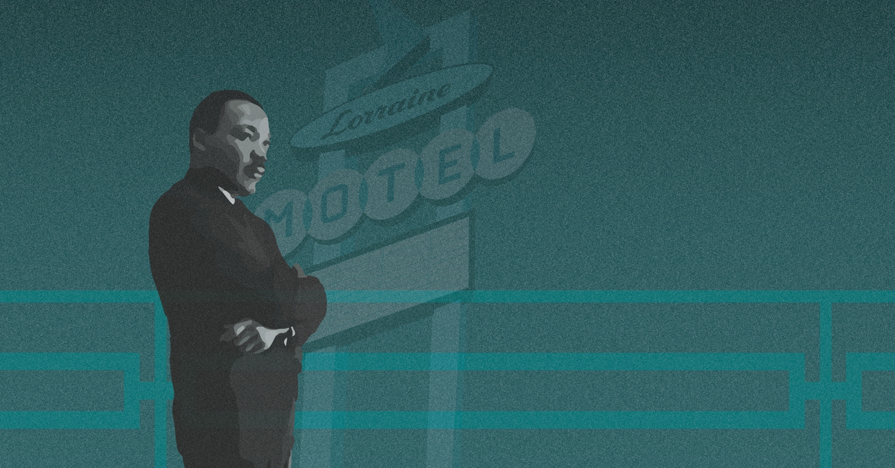 Dr. Martin Luther King with the Motel Sign for the Lorraine Hotel in the background. 