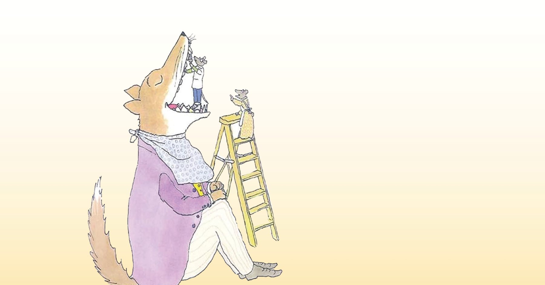 Illustration of a seated Wolf with Two Mice climbing up a ladder and into his mouth.