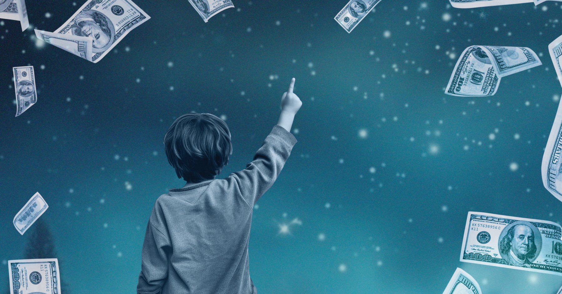 A little boy pointing at the night sky while dollar bills fall down around him.