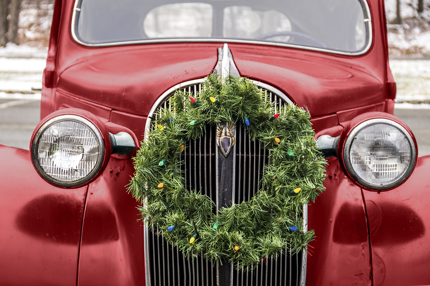 red car wreath stock image